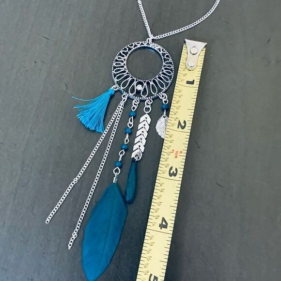 Silver Turquoise Blue Boho Feather Long Silver Necklace - Picture 4 of 5